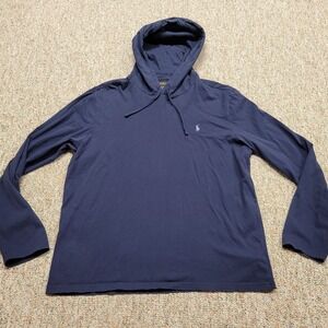 Polo Ralph Lauren Shirt Mens Large Blue Lightweight Hoodie Pullover Pony Rugby